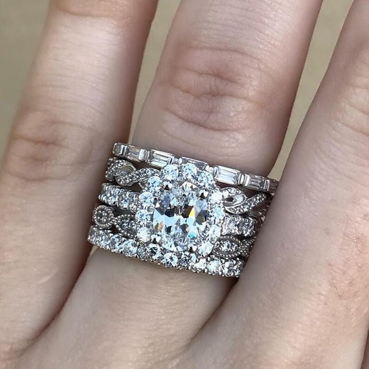 5PCS Dainty Halo Oval Cut Bridal Set In Sterling Silver Shineofdiamond