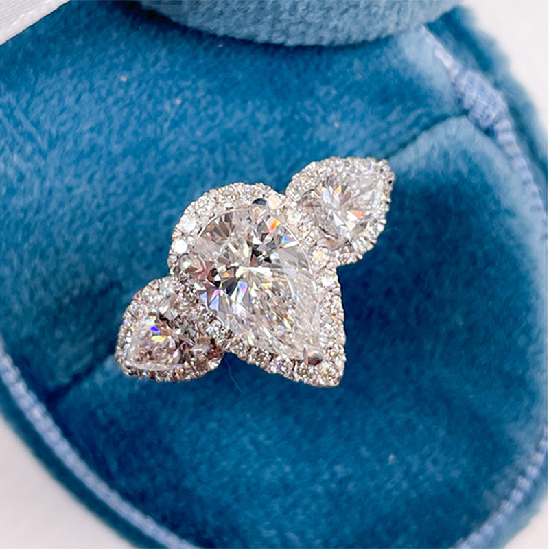 Gorgeous Halo Pear Cut Three Stone Sterling Silver Engagement Ring shineofdiamond