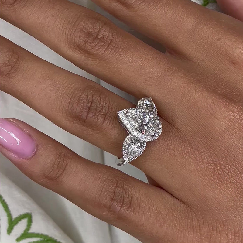 Gorgeous Halo Pear Cut Three Stone Sterling Silver Engagement Ring shineofdiamond