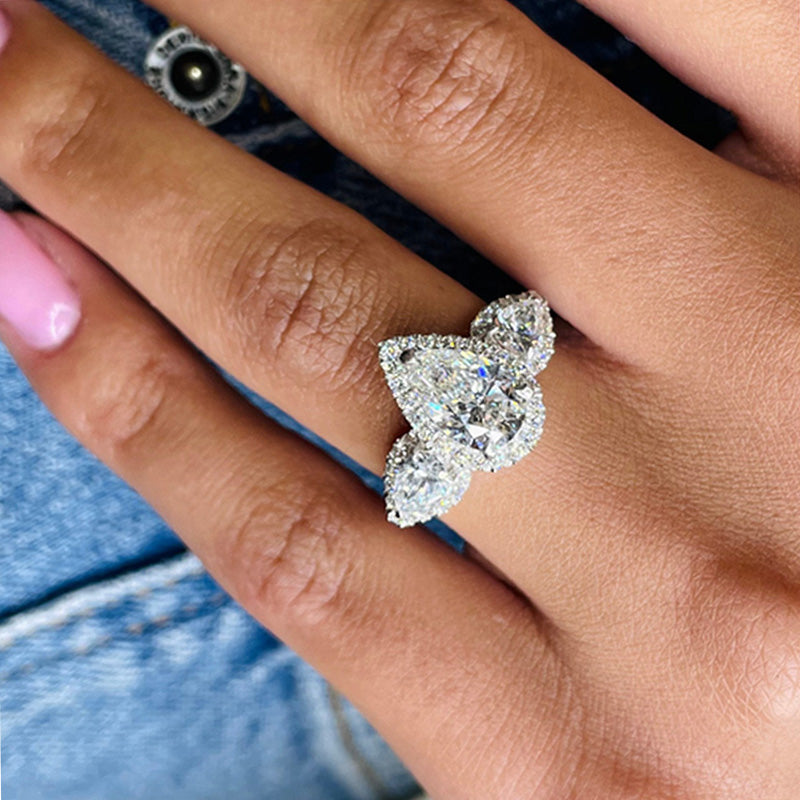 Gorgeous Halo Pear Cut Three Stone Sterling Silver Engagement Ring shineofdiamond