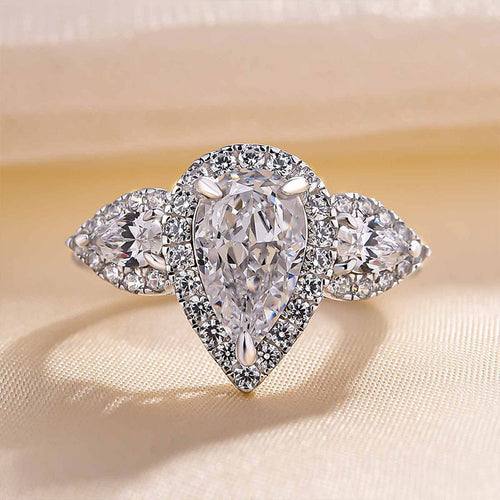 Gorgeous Halo Pear Cut Three Stone Sterling Silver Engagement Ring shineofdiamond