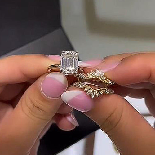 Stunning Emerald Cut Dainty Insert Wedding Bridal Set In Sterling Silver shineofdiamond