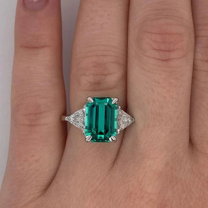 Paraiba Tourmaline Emerald Cut Three Stone Sterling Silver Engagement Ring shine