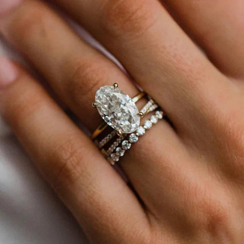 3PC Oval Cut Sterling Silver Bridal Set In Golden Tone Shine of Diamond