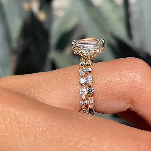 Unique Design Emerald Cut Sterling Silver Bridal Set In Golden Tone Shine of Diamond
