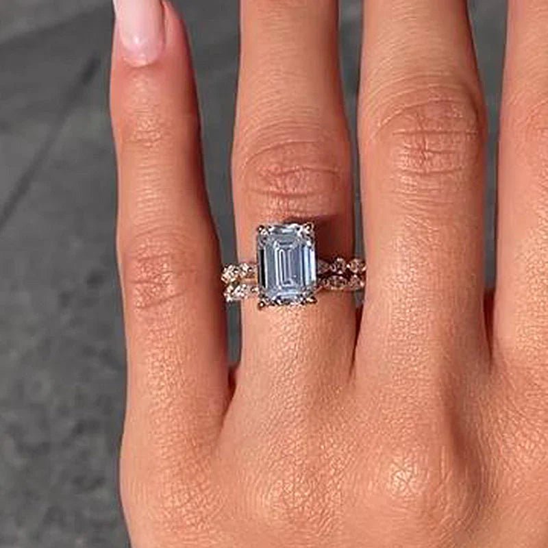 Unique Design Emerald Cut Sterling Silver Bridal Set In Golden Tone Shine of Diamond