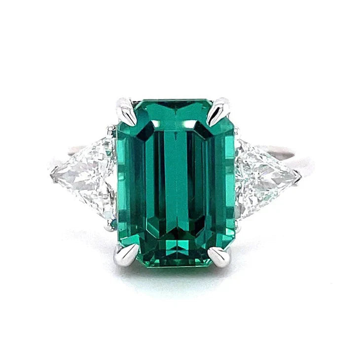 Paraiba Tourmaline Emerald Cut Three Stone Sterling Silver Engagement Ring shine