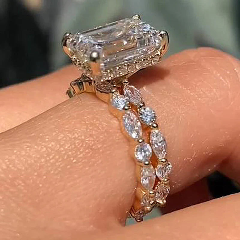 Unique Design Emerald Cut Sterling Silver Bridal Set In Golden Tone Shine of Diamond