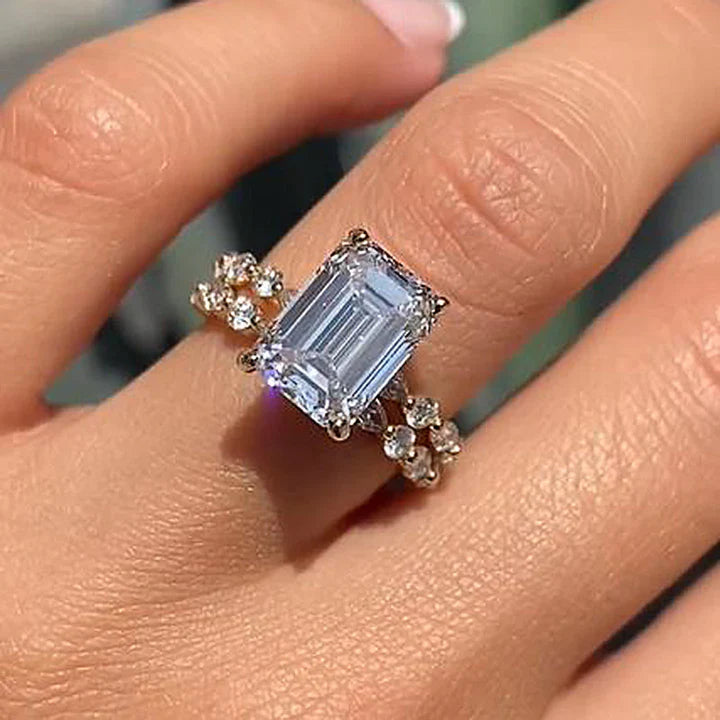 Unique Design Emerald Cut Sterling Silver Bridal Set In Golden Tone Shine of Diamond