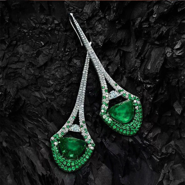Vintage Emerald Green Engagement Ring & Drop Earrings Set Shineofidamond