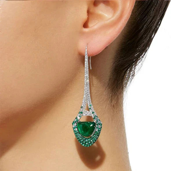 Vintage Emerald Green Engagement Ring & Drop Earrings Set Shineofidamond