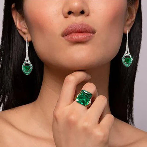 Vintage Emerald Green Engagement Ring & Drop Earrings Set Shineofidamond