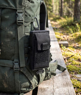 Kordra phone pouch clipped to a backpack
