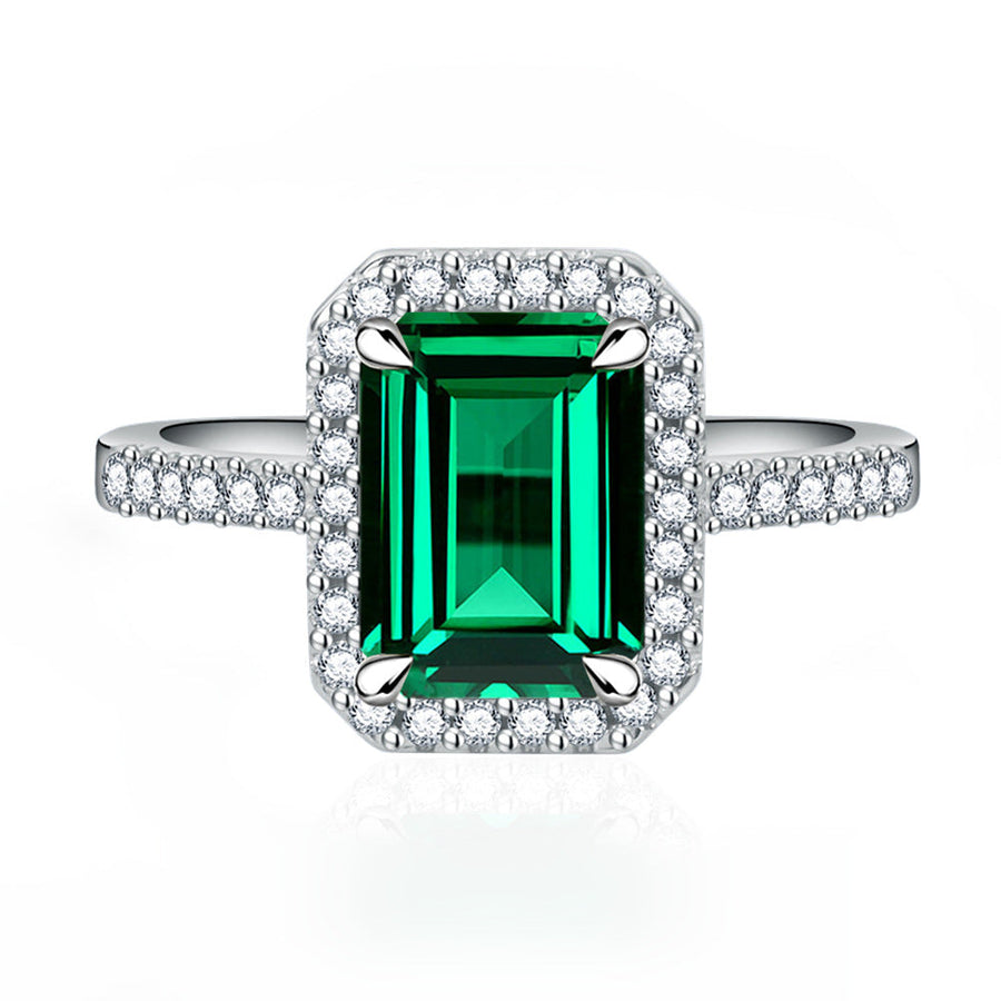 Multi-Color Halo Emerald Cut Engagement Ring In Sterling Silver Shineofdiamond