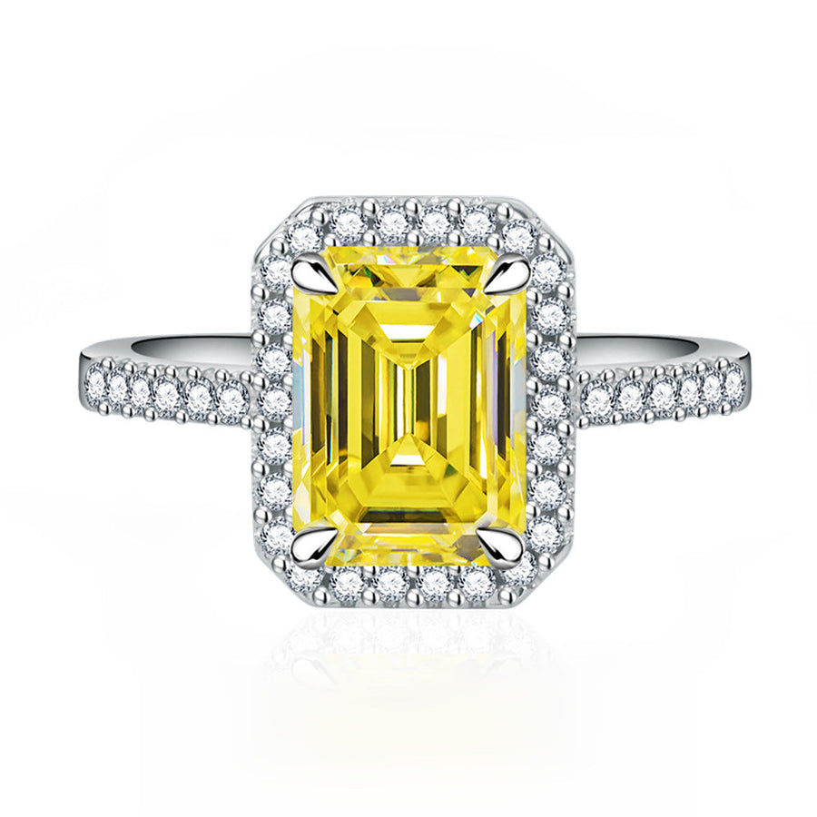 Multi-Color Halo Emerald Cut Engagement Ring In Sterling Silver Shineofdiamond