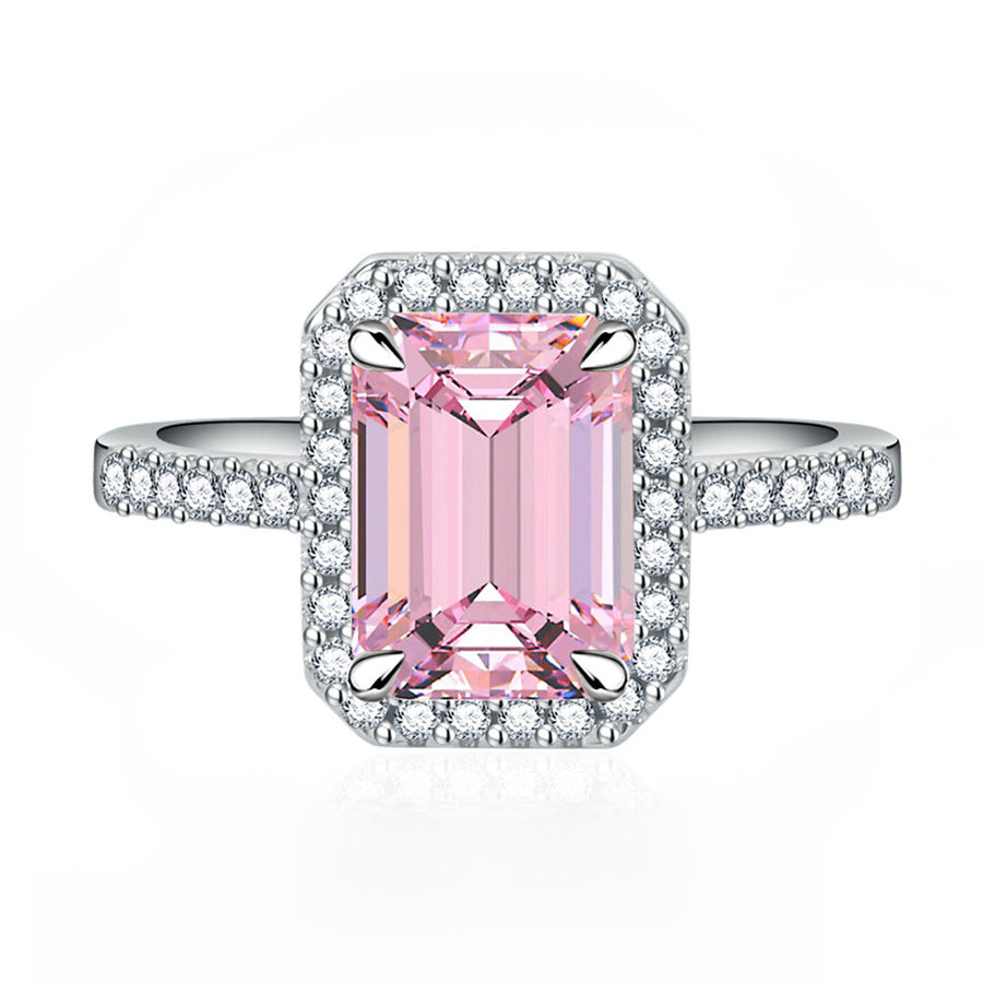 Multi-Color Halo Emerald Cut Engagement Ring In Sterling Silver Shineofdiamond