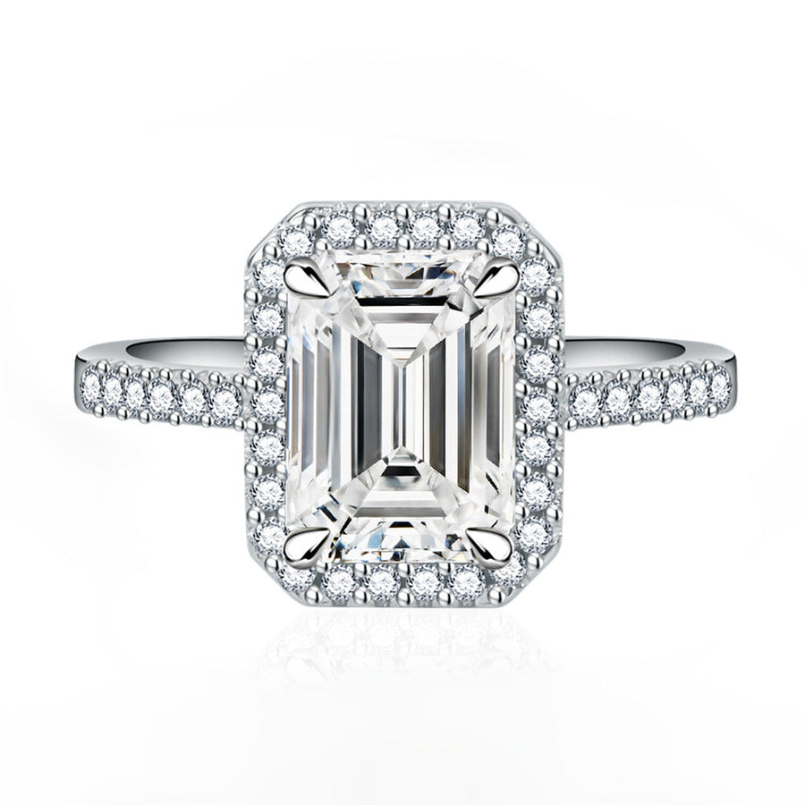 Multi-Color Halo Emerald Cut Engagement Ring In Sterling Silver Shineofdiamond