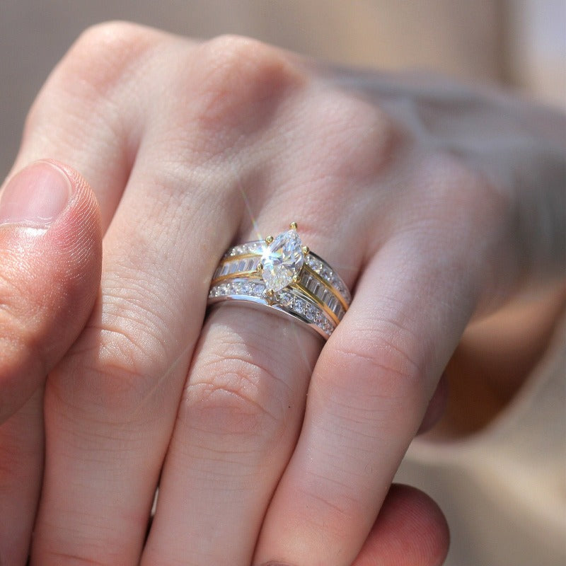 Three Row Marquise Cut Gold Accent Two Tone  Engagement Ring Shineofdiamond