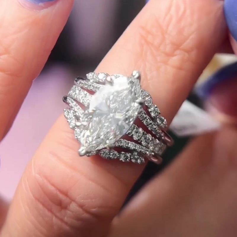 2pcs Solitaire Marquise Cut Enhancer Design Insert Wedding Ring Set in Sterling Silver Shineofdiamond