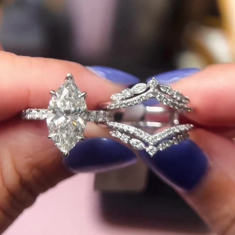 2pcs Solitaire Marquise Cut Enhancer Design Insert Wedding Ring Set in Sterling Silver Shineofdiamond