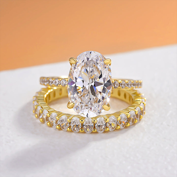 2PCS Gold Tone Oval Cut Bridal Set Rings In Sterling Silver Shineofdiamond