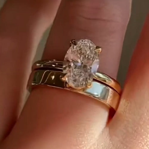 2PCS Golden Tone Oval Cut Plain Band Bridal Set shineofdiamond