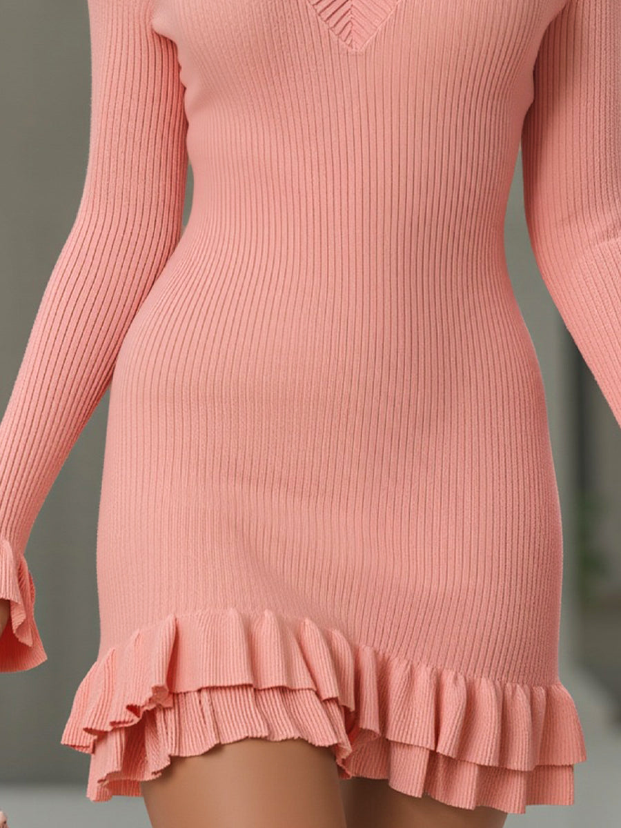 Sweetheart Ruffle Hem Ribbed Knit Mini Dress SN