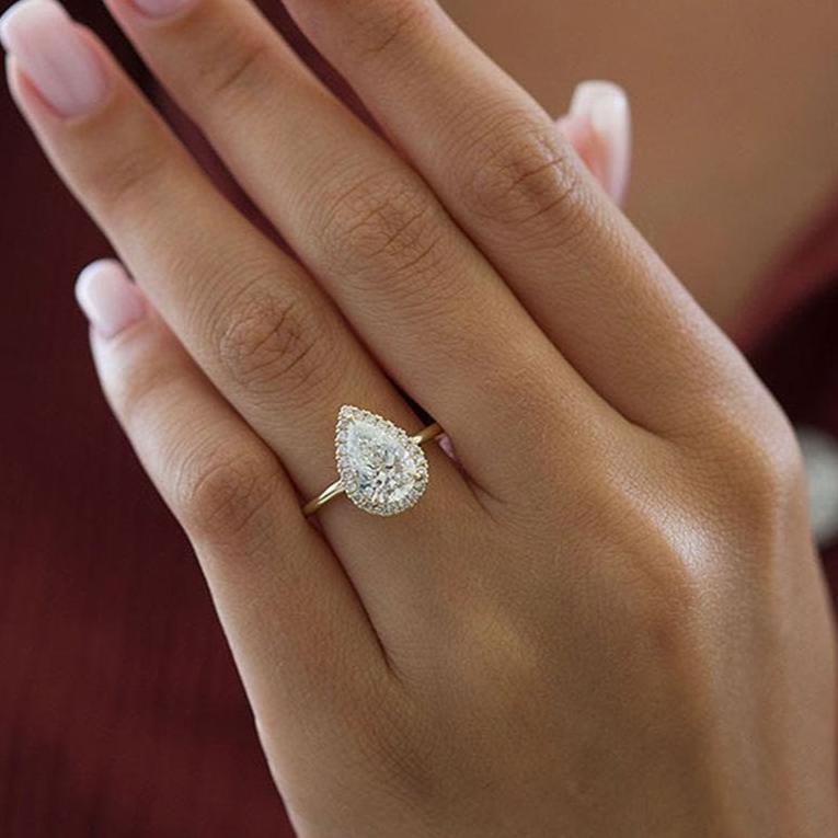 Halo Pear Cut  Golden Tone Engagement Ring Shineofidamond
