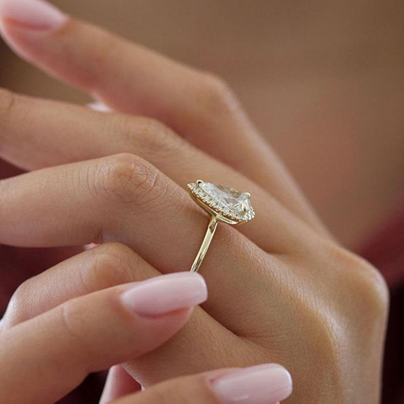 Halo Pear Cut  Golden Tone Engagement Ring Shineofidamond