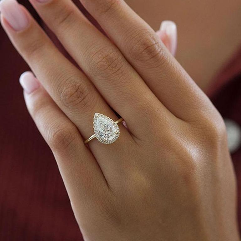 Halo Pear Cut  Golden Tone Engagement Ring Shineofidamond