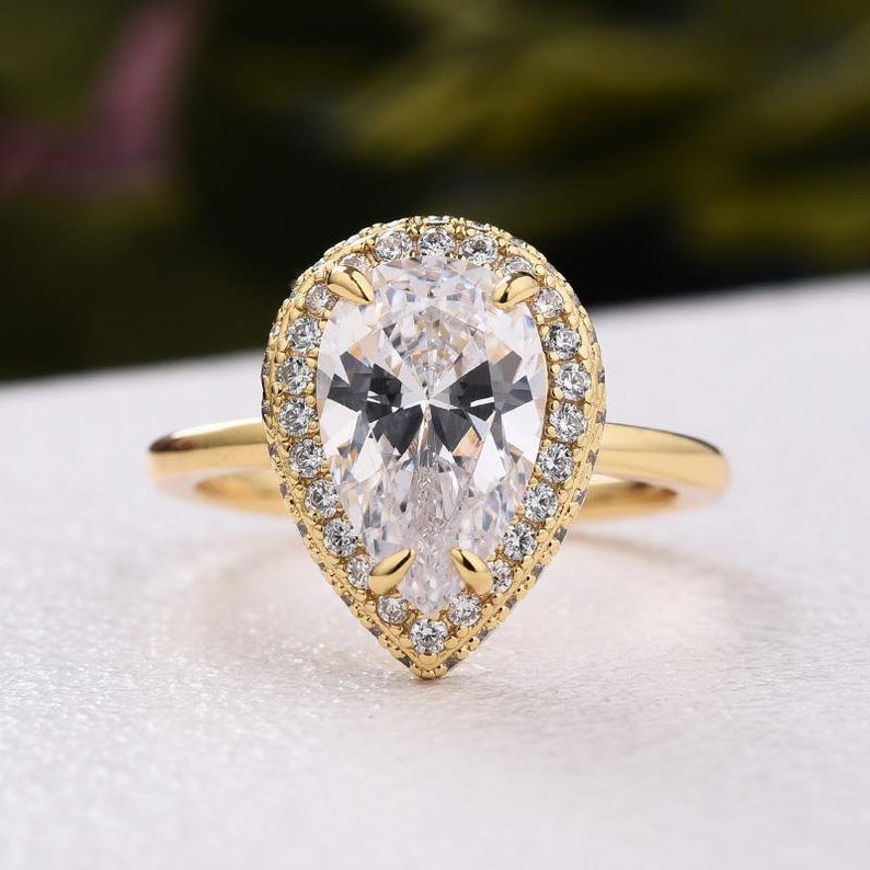 Halo Pear Cut  Golden Tone Engagement Ring Shineofidamond