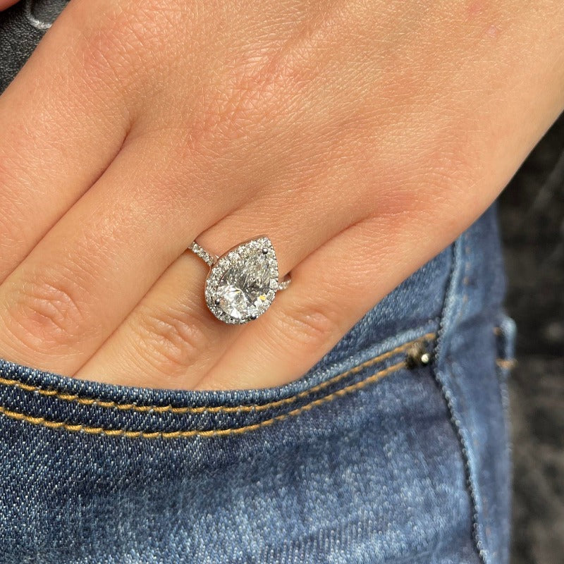 Pear Cut Halo 3 Prong Engagement Ring In Sterling Silver shineofdiamond