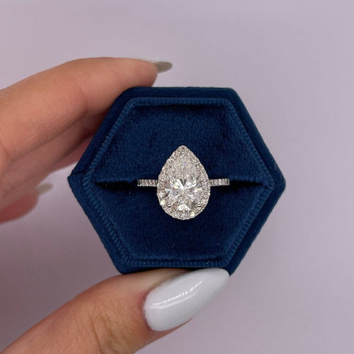 Pear Cut Halo 3 Prong Engagement Ring In Sterling Silver shineofdiamond