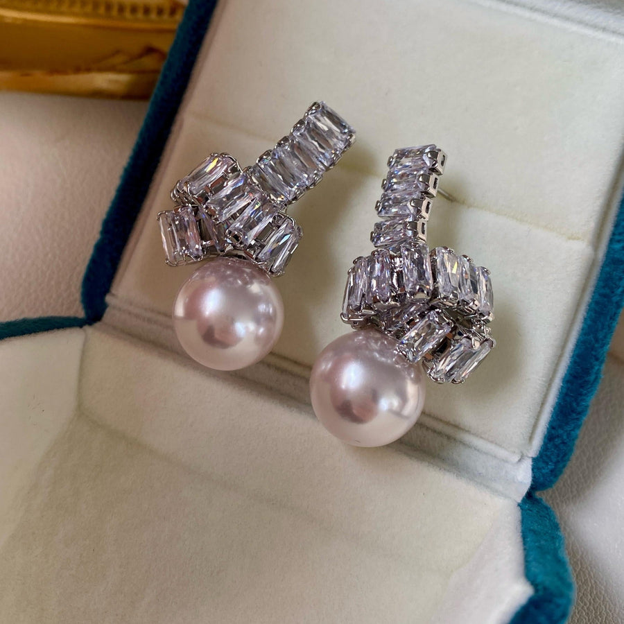 Elegant Pearl Drop Earrings with Baguette Stone Accents Dobrilajewelry