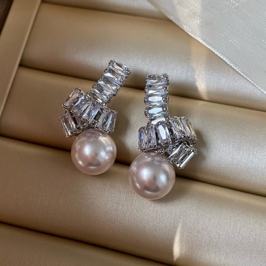 Elegant Pearl Drop Earrings with Baguette Stone Accents Dobrilajewelry