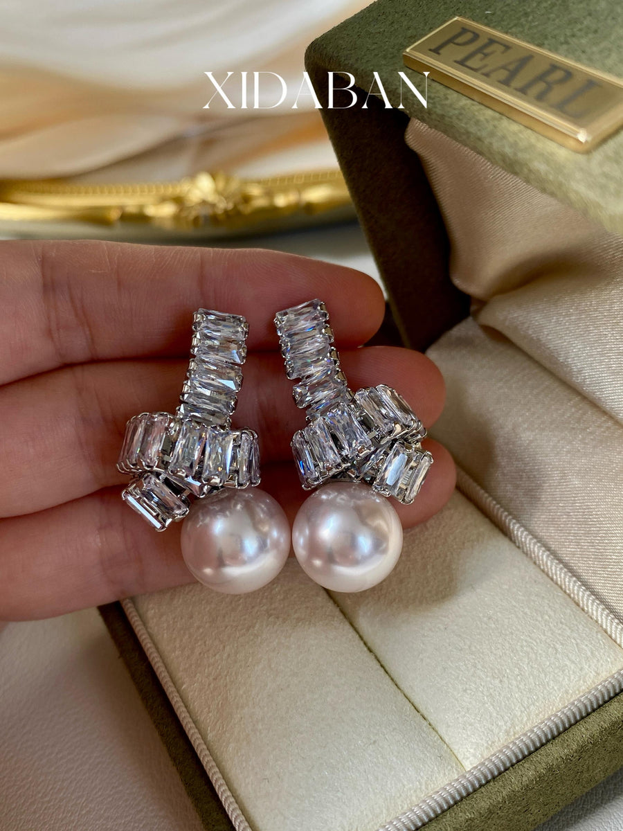 Elegant Pearl Drop Earrings with Baguette Stone Accents Dobrilajewelry