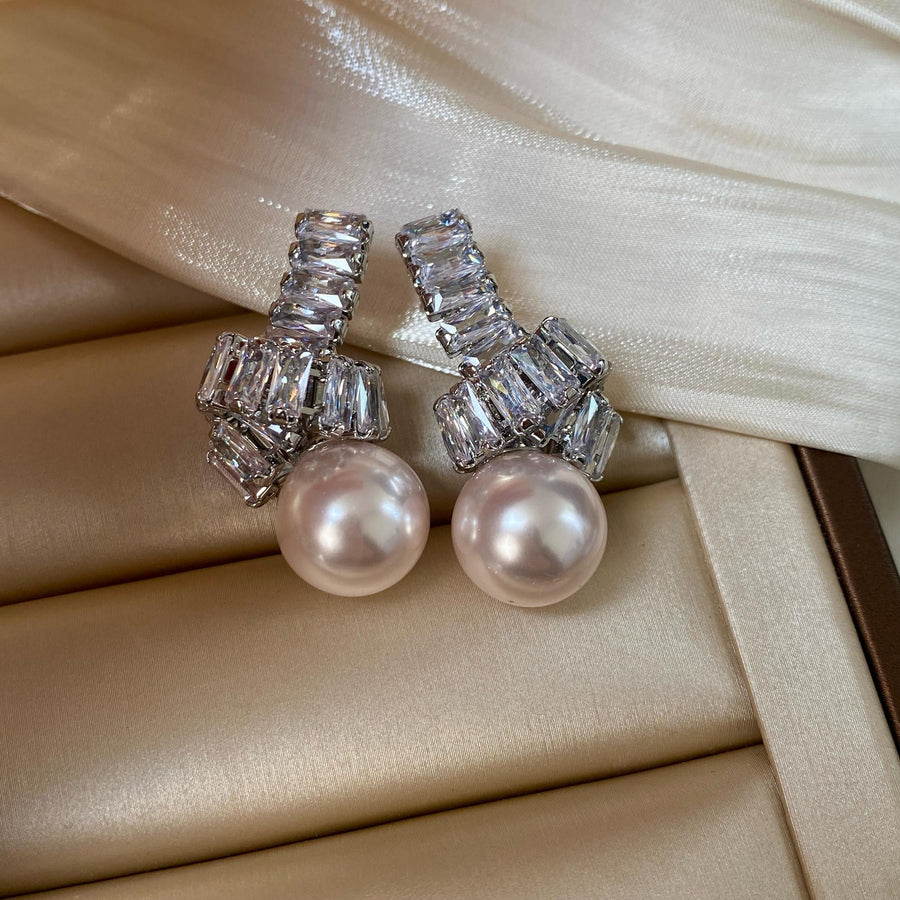 Elegant Pearl Drop Earrings with Baguette Stone Accents Dobrilajewelry
