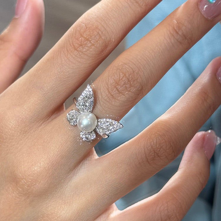Butterfly Pearl  Fashionable Adjustable Ring In Sterling Silver Shineofidamond