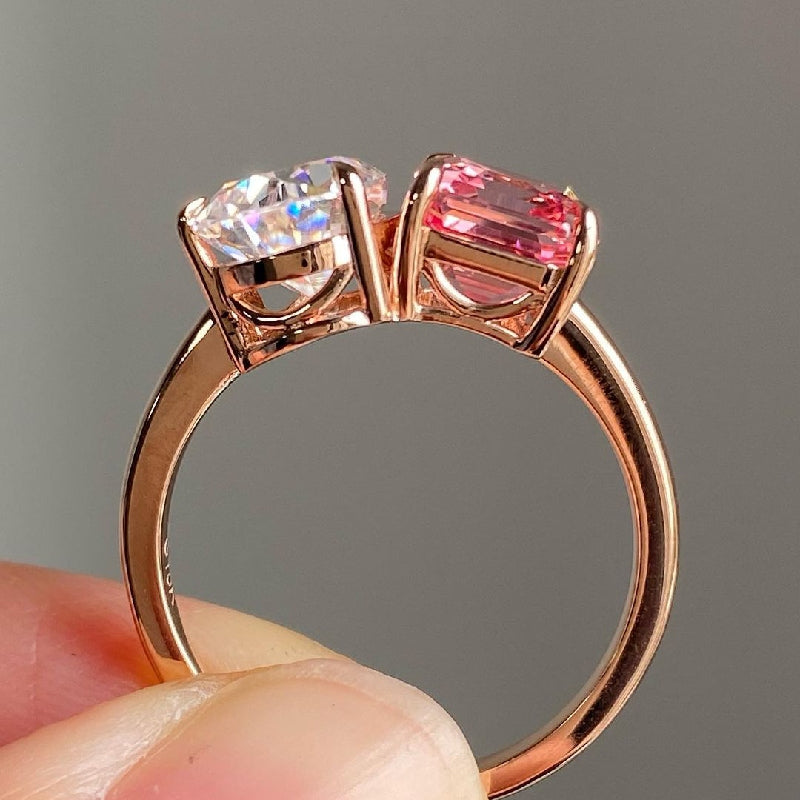 Two Stone Pear Cut & Emerald Cut Ring in Rose Gold/Golden Tone hot