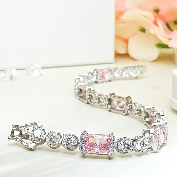 Radiant Cut Pink Gemstone Tennis Bracelet in Sterling Silver Shineofdiamond