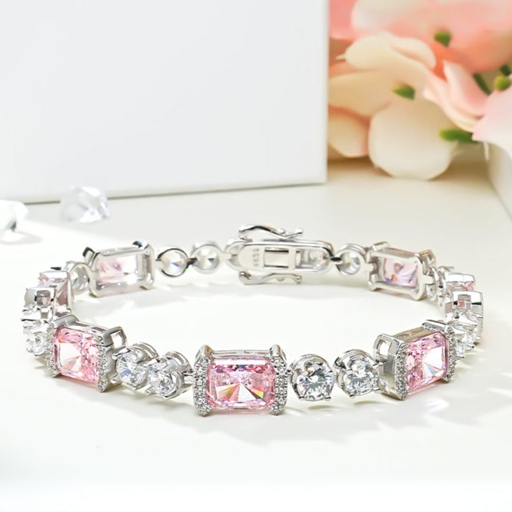 Radiant Cut Pink Gemstone Tennis Bracelet in Sterling Silver Shineofdiamond