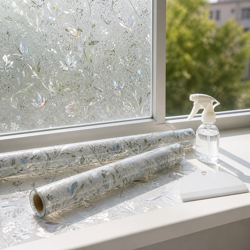 PrismShield floral privacy film rolls on a bright windowsill