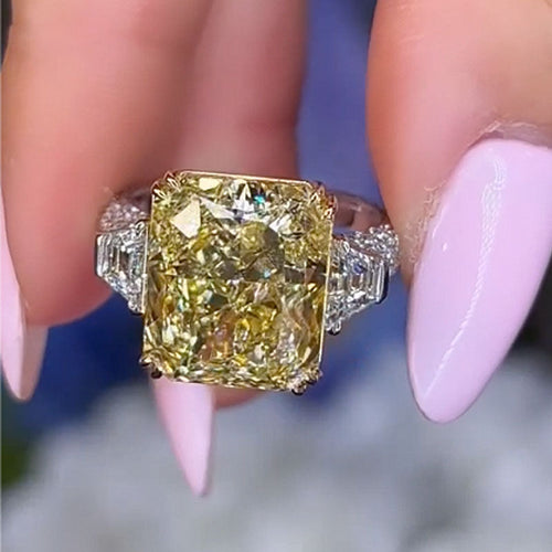 Radiant Cut Yellow Stone Three Stone Engagement Ring In Sterling Silver Shineofidamond