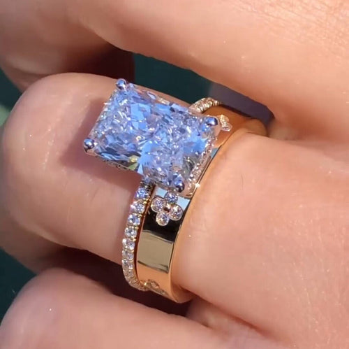 2PCS Radiant Cut Art Carved Bridal Ring Set shineofdiamond