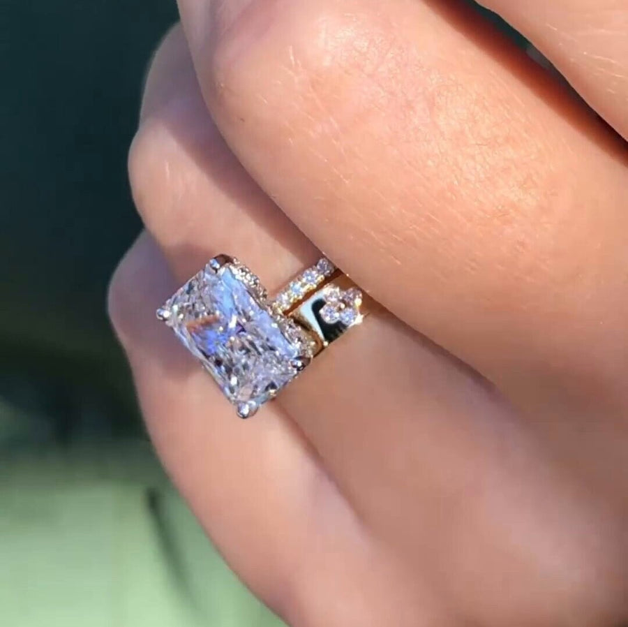 2PCS Radiant Cut Art Carved Bridal Ring Set shineofdiamond
