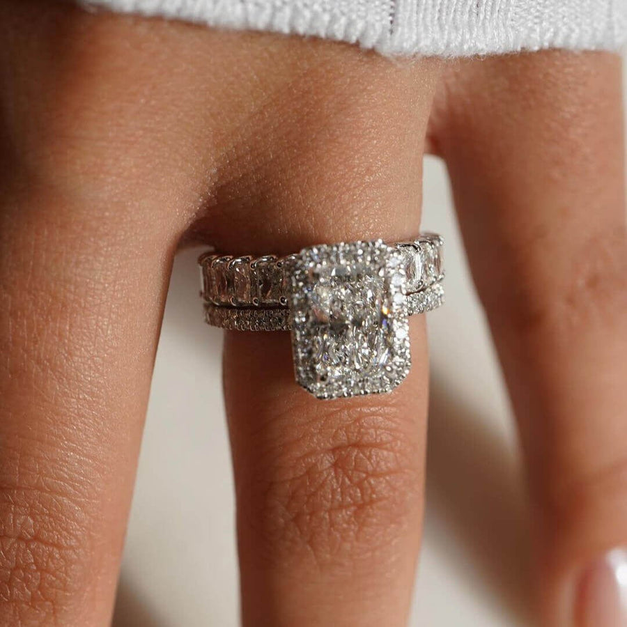 Radiant Cut Halo Engagement Ring & Eternity Wedding Band Shineofidamond