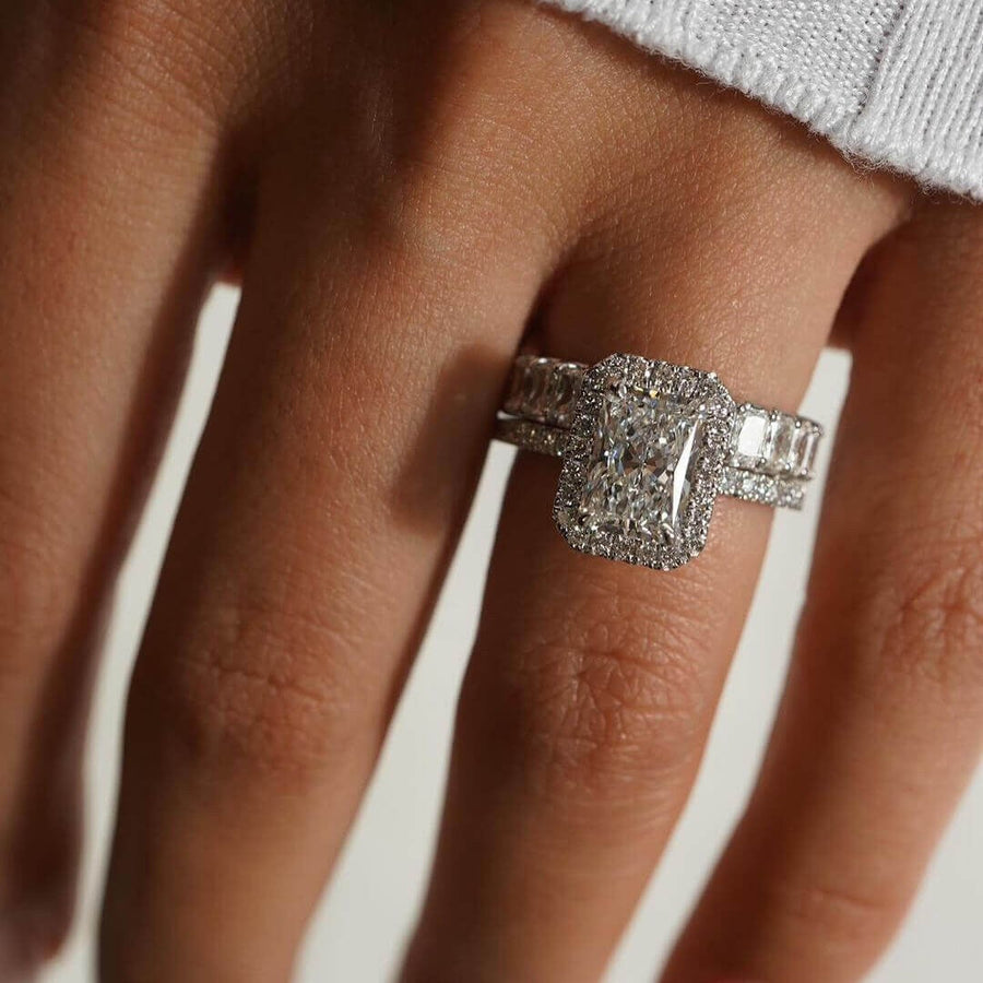 Radiant Cut Halo Engagement Ring & Eternity Wedding Band Shineofidamond