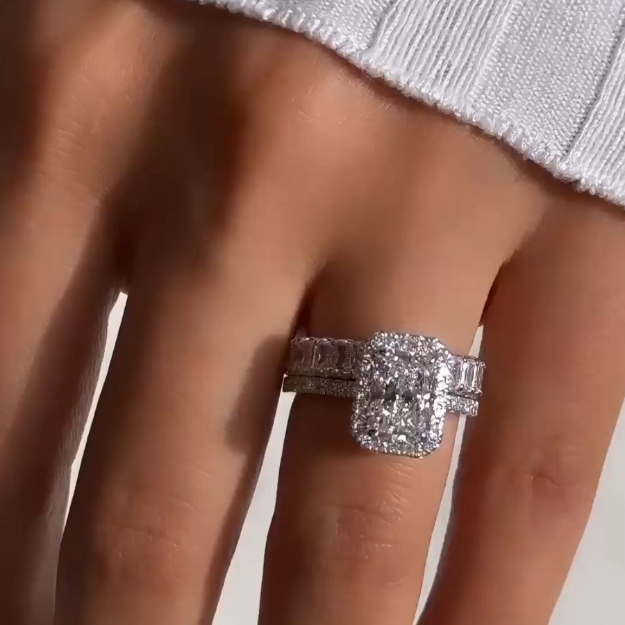 Radiant Cut Halo Engagement Ring & Eternity Wedding Band Shineofidamond