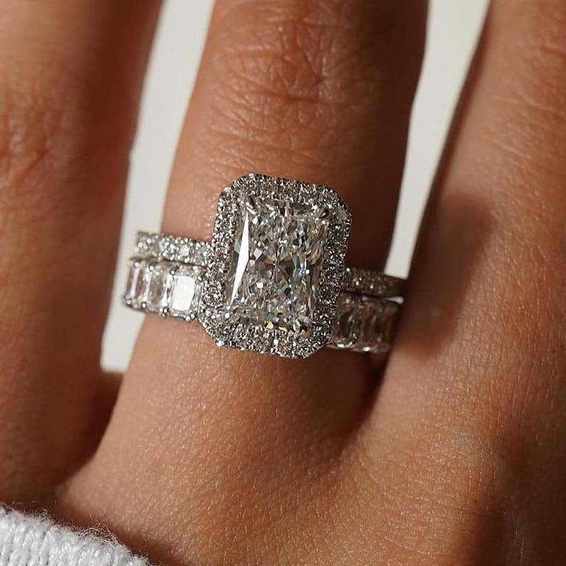 Radiant Cut Halo Engagement Ring & Eternity Wedding Band Shineofidamond