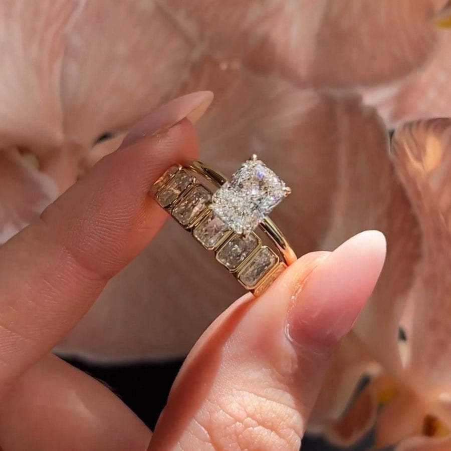 2PCS Radiant Cut Bridal Set Ring With Half Bezel Set Shineofidamond